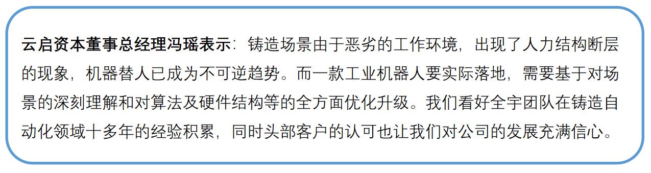 云启资本独家投资，铸件打磨机器人「全宇工业」获数千万元Pre-A轮融资