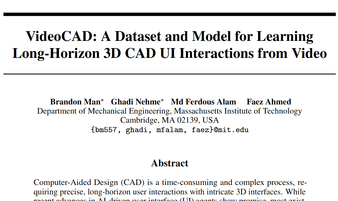 MIT发布VideoCAD数据集，让AI观看视频，学会像工程师一样操作CAD软件